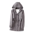 thumbnail image 3 of Iyufng Women's Hooded Drawstring Waist Trench Coat Elastic Cuffs Long Sleeve Flap Pocket Mid Length Windproof Outerwear, 3 of 6