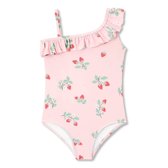 Serdomi Little Girls Pink Strawberry Print One-Piece Swimsuit Asymmetrical Ruffle Bathing Suit Size 10