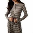 thumbnail image 3 of Women'S Striped 2 Piece Pants Outfits Long Sleeve Button Down Knit Top Set Leisure Vacation Brown M, 3 of 9