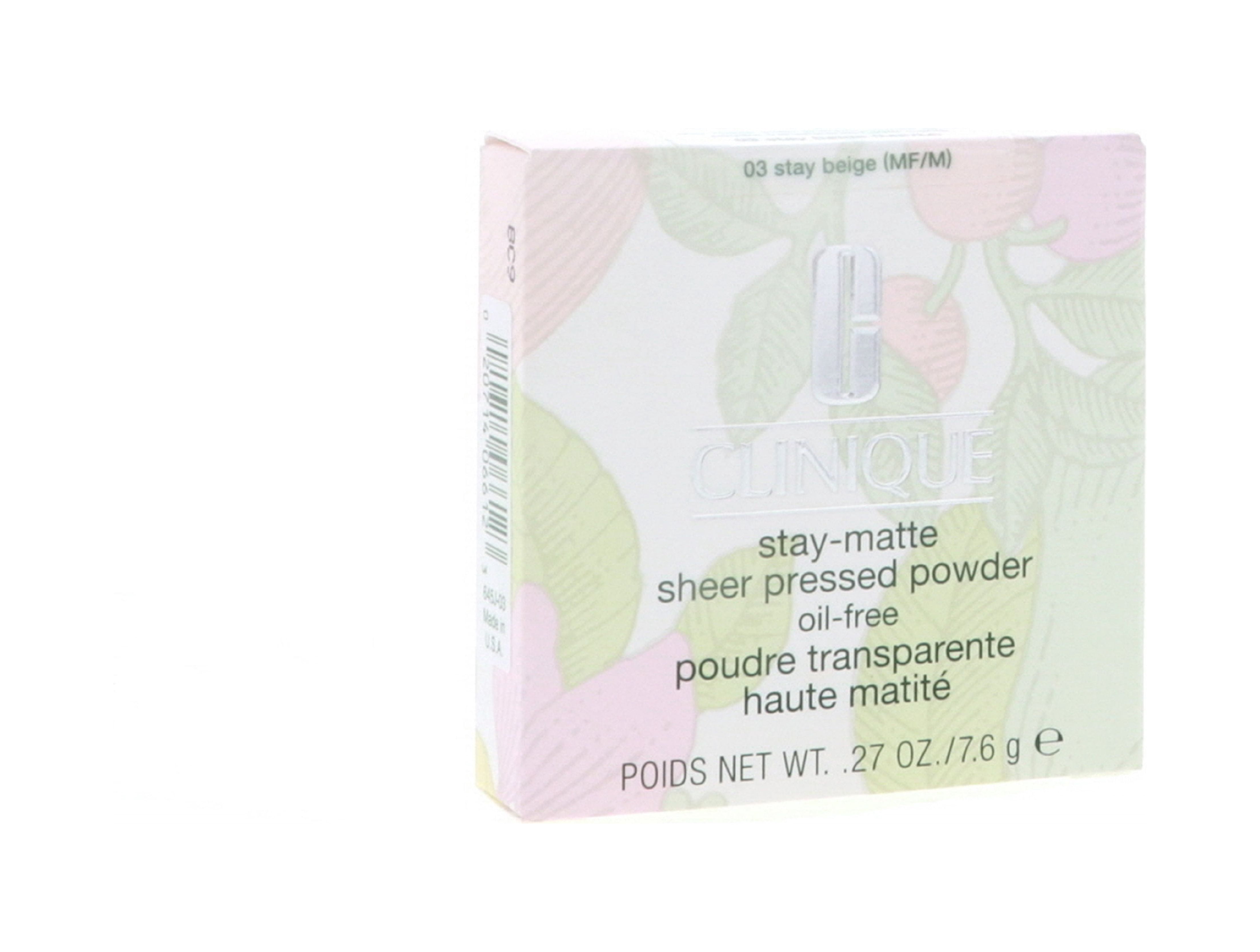 Clinique Stay-Matte Pressed Powder Foundation Makeup for Oily Skin, Sheer Coverage, Matte Finish, Oil-Free, Lightweight, 03 Stay Beige, 0.27 oz