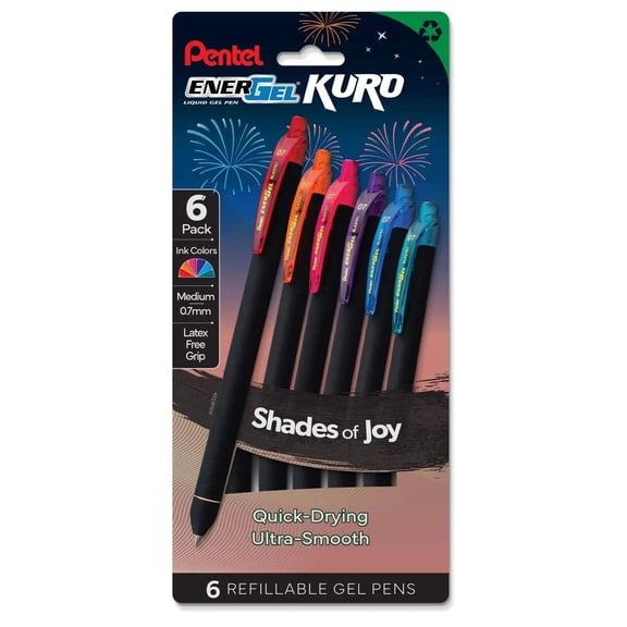 EnerGel Kuro, Shades of Joy, Liquid Gel Pen, 0.7mm, 6-pk