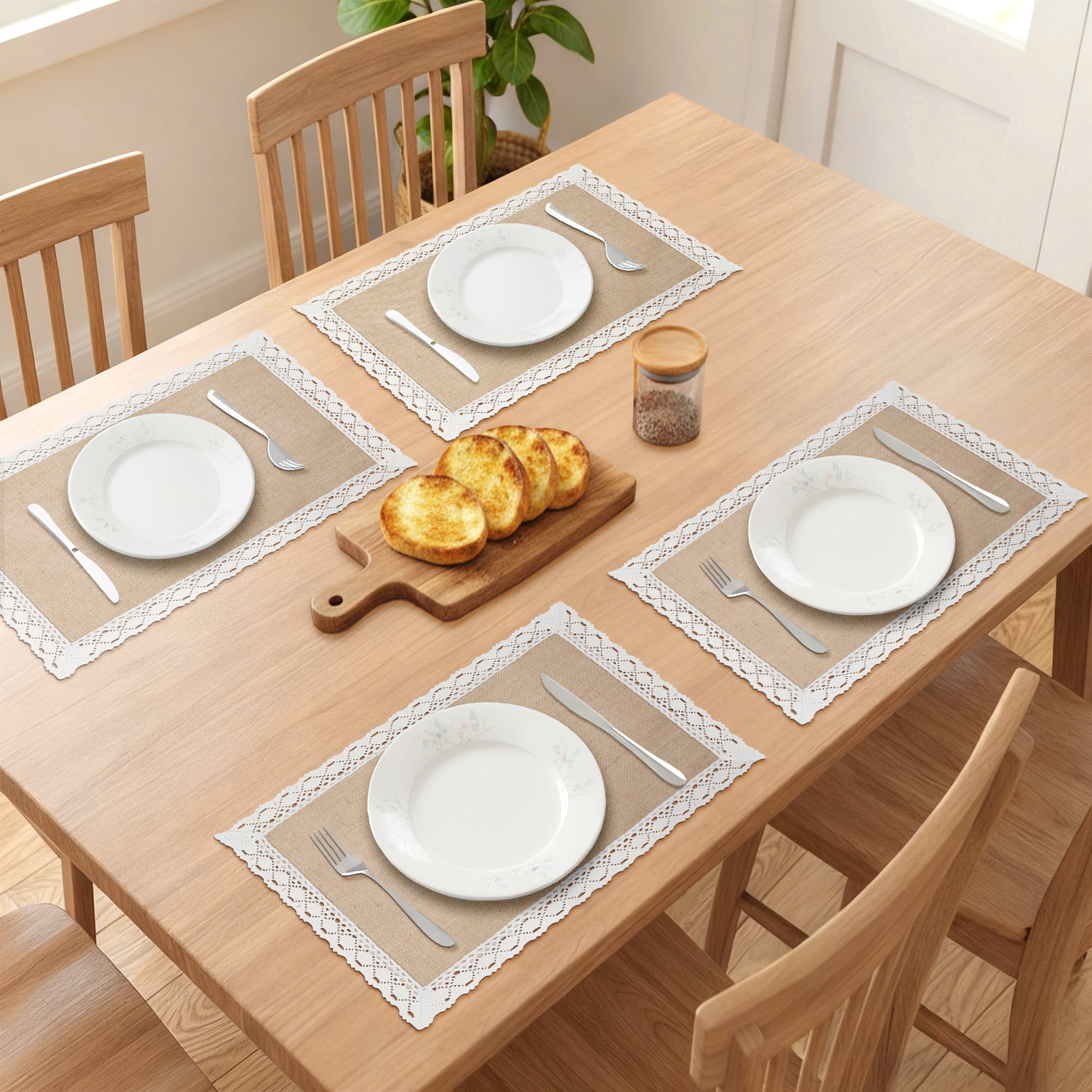 Unique Bargains Farmhouse Placemats 6pcs Jute Placemats Wide Lace 17.7"x11.8"
