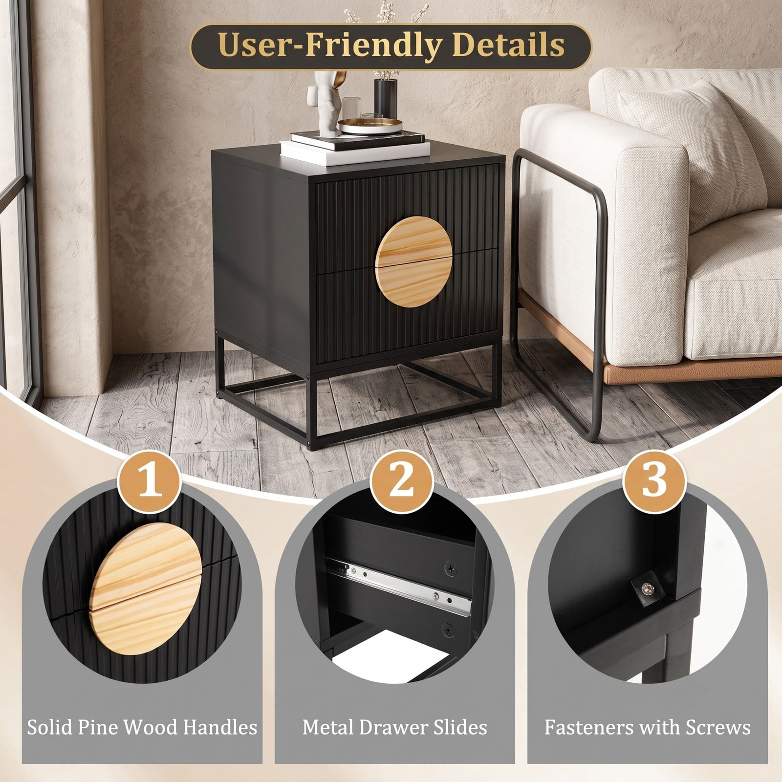 Furnibear Mid Century Fluted 2-Drawer Nightstand with Natural Pine Wood Handle and Metal Base for Bedroom, Black and Natural