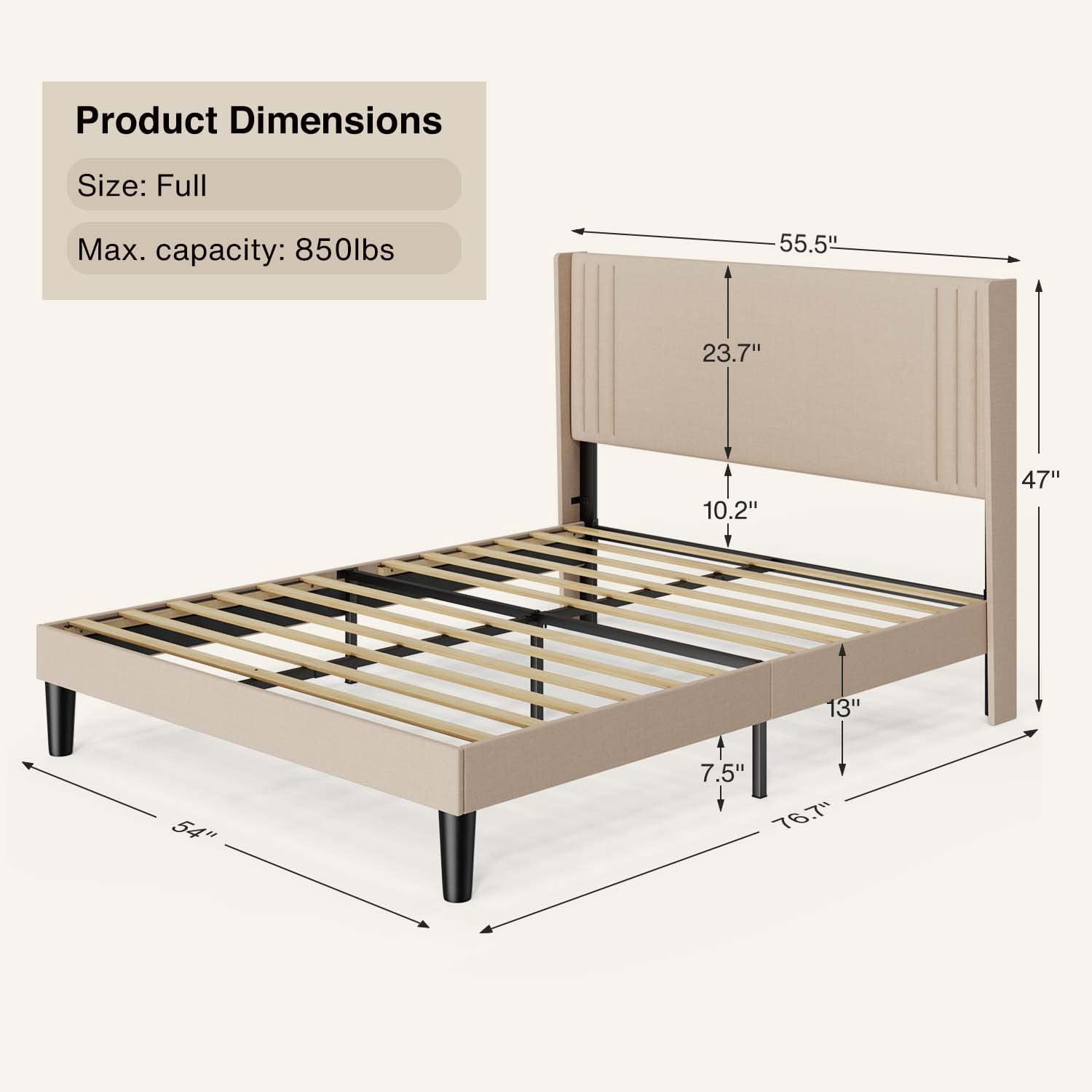 Full Size Bed Frame, Metal Platform Bed Frame with Wingback Headboard Hold 850 lbs, Beige