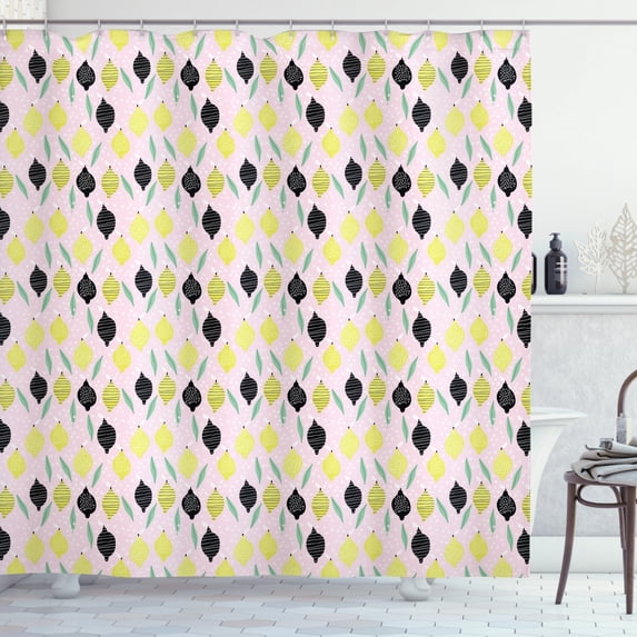 Lemons Shower Curtain, Illustration of Lemons with Crocked Lines and Dots on Pinky Spotty Backdrop Print, Fabric Bathroom Set with Hooks, 69W X 84L Inches Extra Long, Multicolor, by Ambesonne