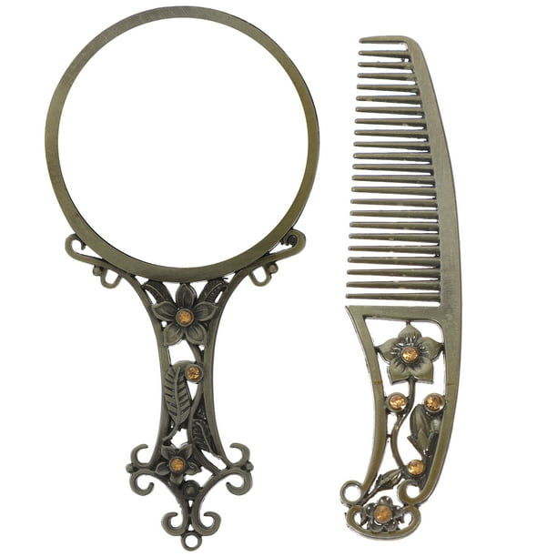 FELTECHELECTR Exquisito espejo de maquillaje hueco, juego de peine, espejo de metal portátil vintage, regalo para peluqueros, para mujeres y damas (patrón mixto)