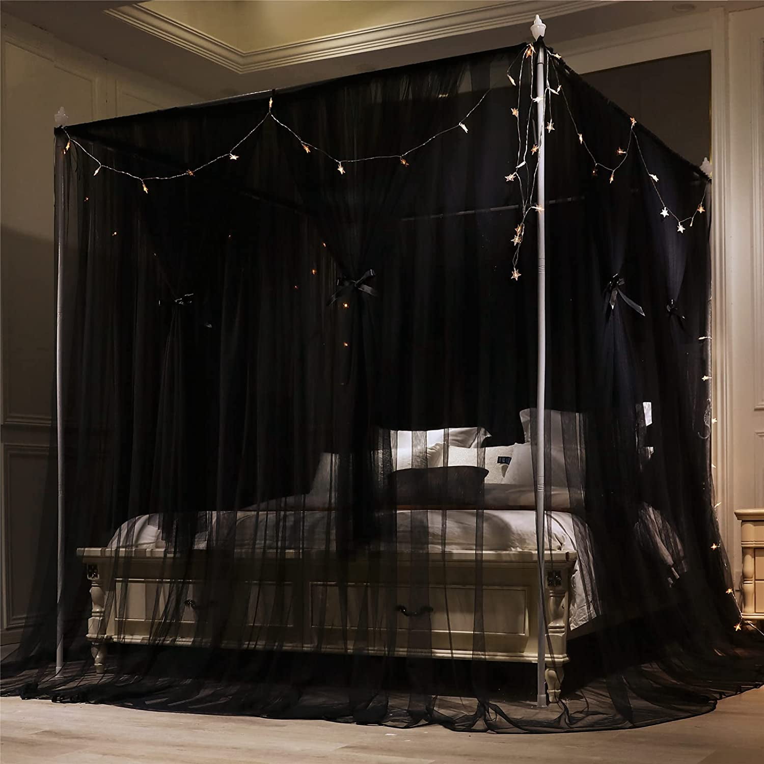 4 Corners Post Princess Bed Canopy Curtain Double Layer Cozy Drape Netting 4 Opening Mosquito Net for Girls & Adults Bedroom Decoration Accessories (Double Black, 59" W*82" L*82"*H/(Queen))