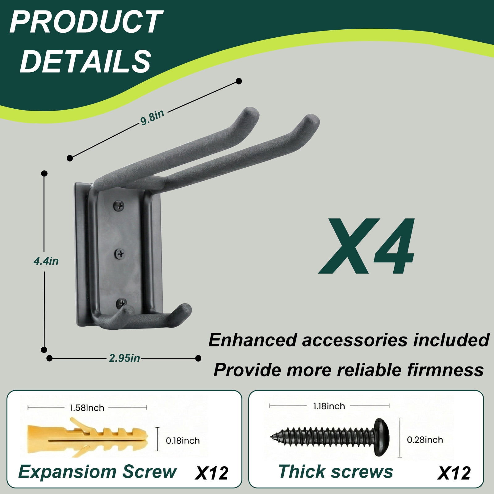 Wall Mount Garage Tool Organizer Storage Hook for Yard Shed, Garden Tool Holder Organizer Rack, Metal Garage Garden Tool Hanger for Lawn Organizer Holds Shovel,Rakes,Brooms,Hoses 4 Pack