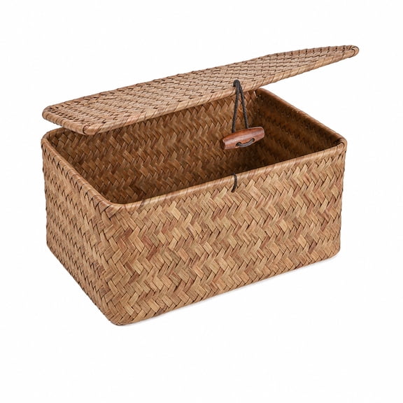 Boho Woven Storage Box with Lid, Natural Seagrass Basket Organizer for Small Items, Decorative Tabletop Container for Bedroom, Bathroom and Office