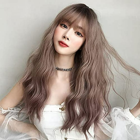 Chic Korean Fashion 23 Inch Long Curly Wavy Wig Bangs, Natural Heat-Resistant Synthetic Hair Wigs with Fringe For For Cosplay and Daily Wear (Gray Pink)