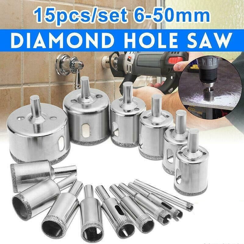 15pcs 6-50mm Diamond Tool Drill Bit Hole Saw Set Glass Ceramic Marble Tile Kit 