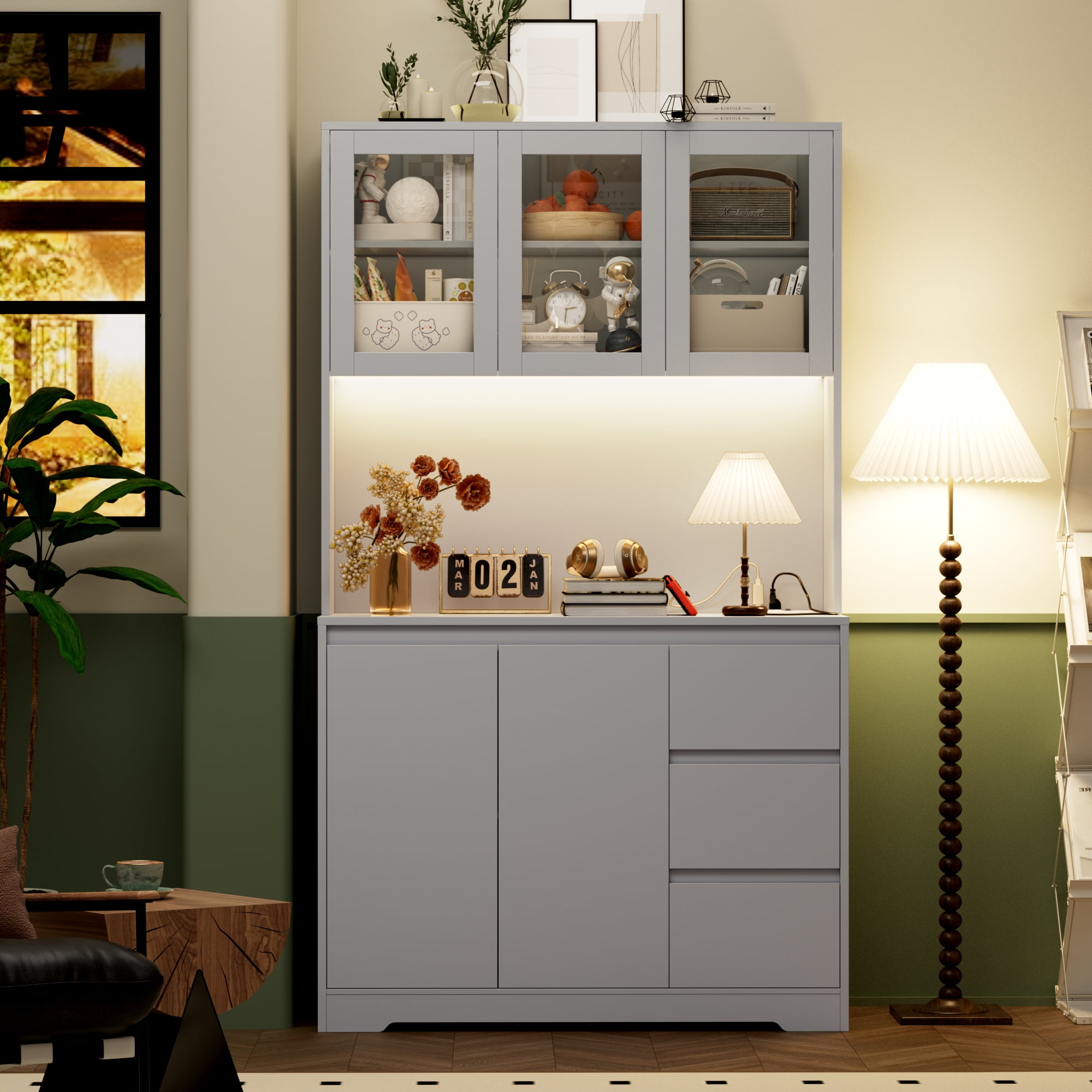 Homfa 70.9'' Kitchen Pantry Cabinet with Charging Station and LED Light, 3 Drawers Buffet Storage Cabinet with Glass Doors and Adjustable Shelves, Gray