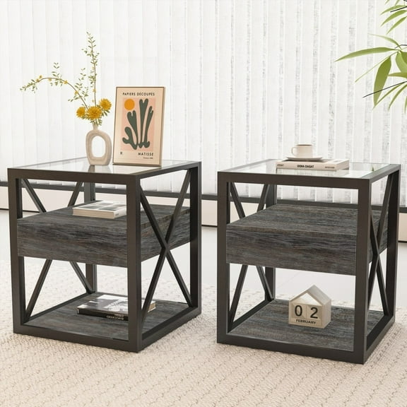 Set of 2 End Tables for Bedroom & Living Room - With Drawer, Rustic Wood Grain MDF & Tempered Glass Top, Industrial Style for Space Efficiency