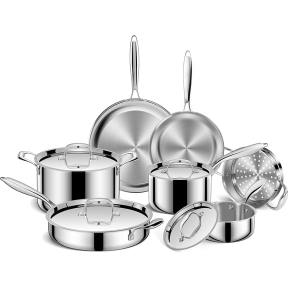 Pots and Pans Set, Ply Piece Stainless Steel Cookware Set, Oven Dishwasher | Induction Compatible Frying Pans, Saucepans, Saute Pan & Stock Pot, PFOA Kitchen Skillet