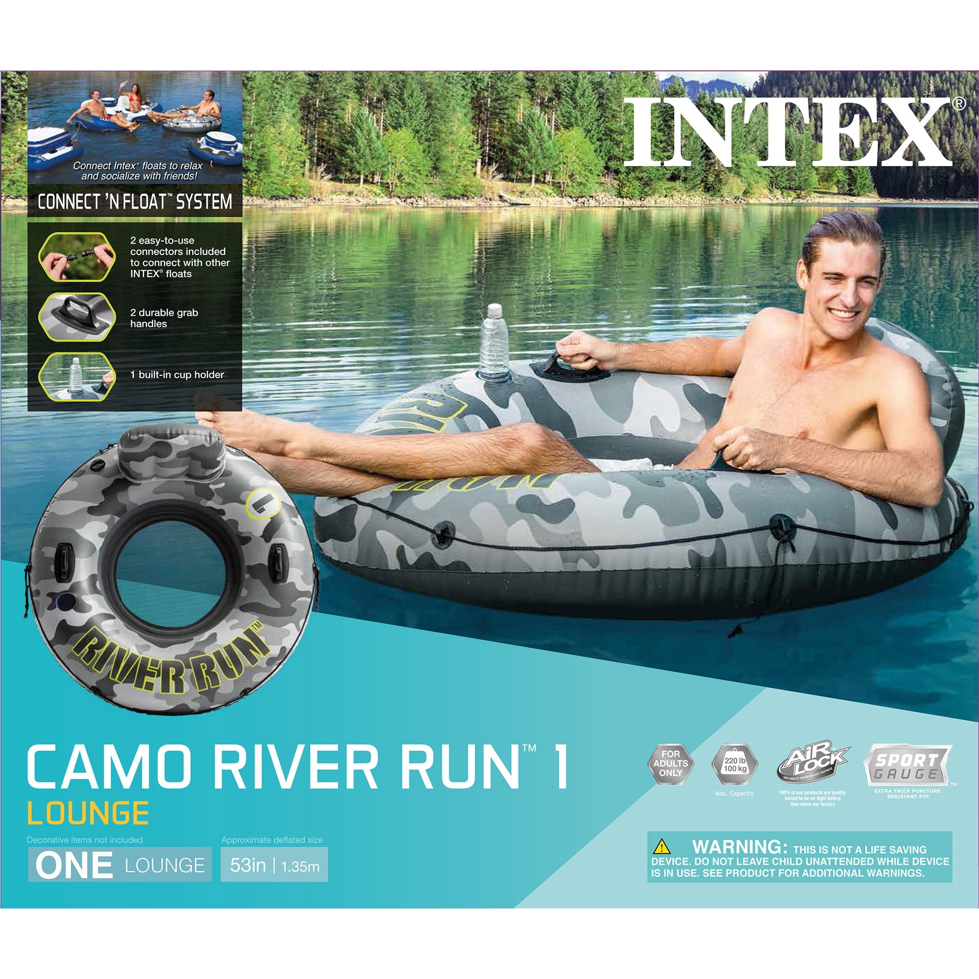 Intex River Run I Camo Inflatable Floating Tube Raft w/Cup Holders (6 Pack)