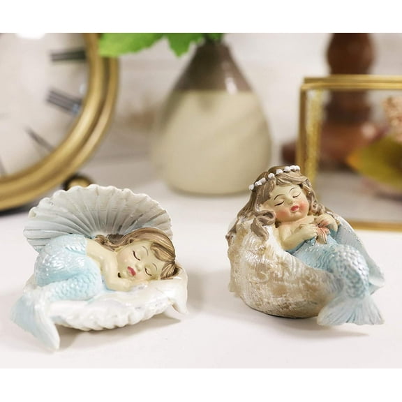 Ebros Mergirls with Blue Tail Mermaid Babies in Conch Shells Small Mini Set of 2