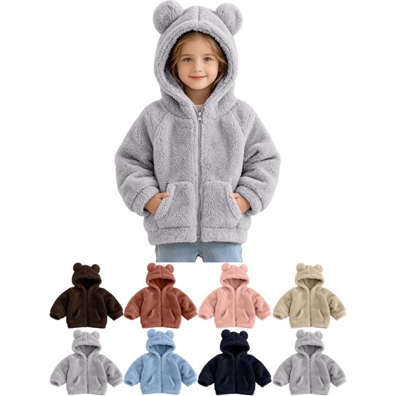 Toddler Fleece Jacket, Super Cute Bear Ear Hooded Zip‑Up Coat with Pockets, Soft Warm Unisex Kids Outerwear for Boys Girls