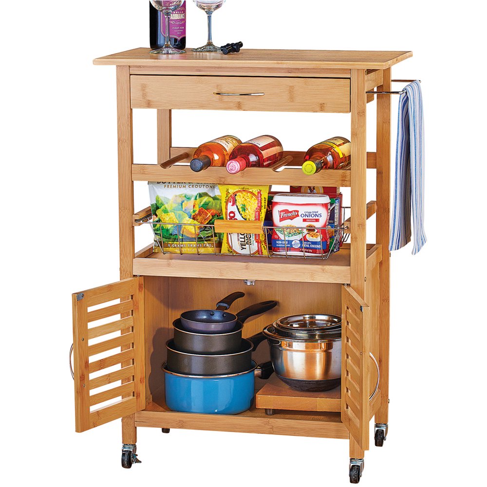 Bamboo Kitchen Trolley and Bar Cart with Wine Rack Storage Shelves