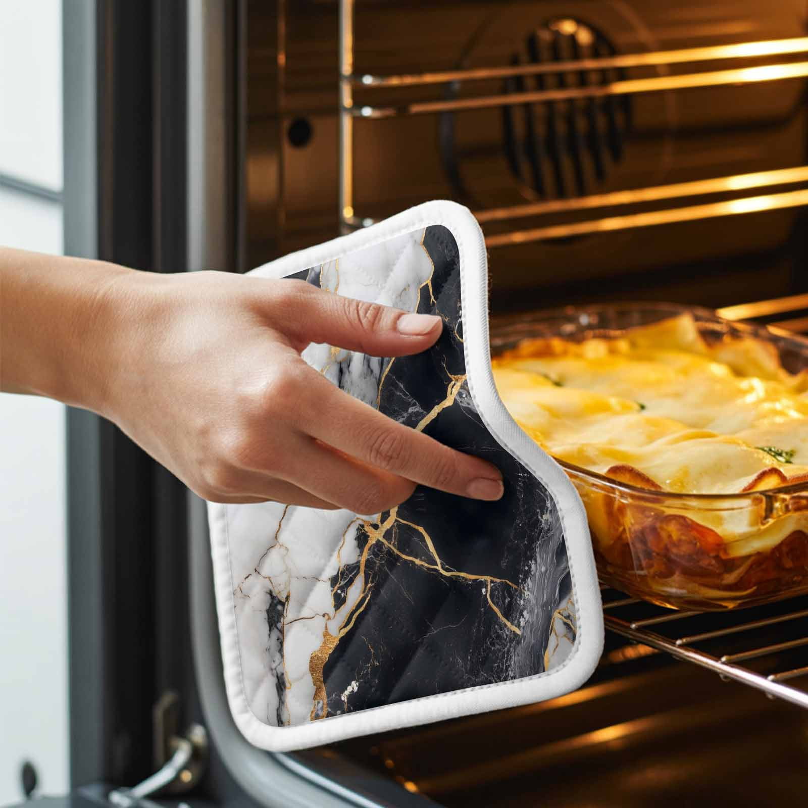 Marble Black Pot Holders for Kitchen Heatproof Potholder, 3 Pack Abstract Gold White Brick Stone Motif Hot Pads Multipurpose Oven Pads Cloth Potholders Trivet for Cooking Baking