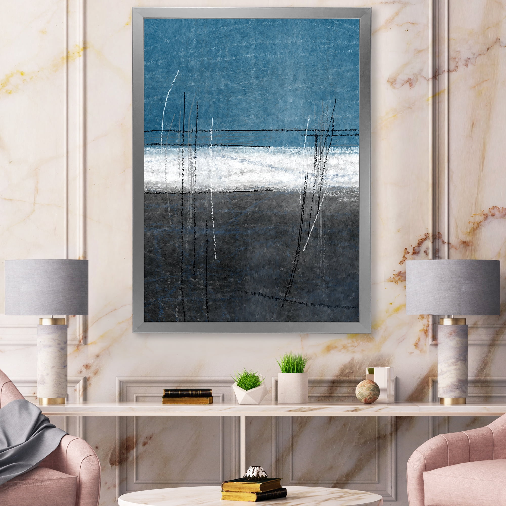 Designart 'Grey Meet Teal Abstract Art' Modern Framed Art Print