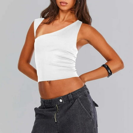 SNKSDGM Female White Tank Top Woman with Built in Bra Ribbed Womens Tank Tops Plus Size Loose fit Women s Solid Color Asymmetric Neckline Sexy Backless Crop Top Slim fit Vest for Outerwear Xs