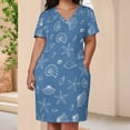 thumbnail image 3 of Sea Shells Starfish Blue Background Summer Sundress for Curve Women Casual Pattern Plus Size V Neck Short Sleeve Loose Fit Oversize Dresses, 3 of 5