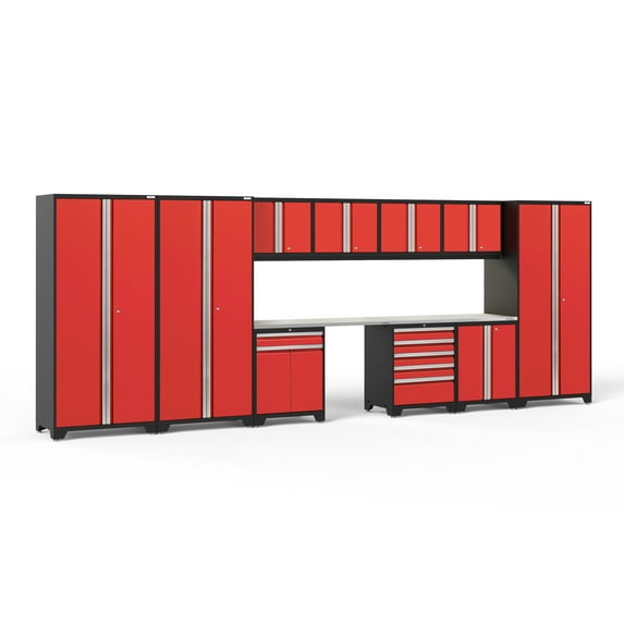 NewAge Products Pro Series Red 12 Piece Cabinet Set, Heavy Duty 18-Gauge Steel Garage Storage System, LED Lights Included