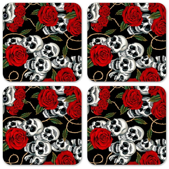Vinyl Drink Coasters - Set of 4 - Skull & Roses