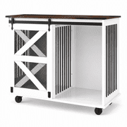 47.2" Mobile Double Dog Crate Furniture, Farmhouse Style Pet Kennel with Flip-Top Feeding Door, Dual Access, 5 Casters, Side Hooks & Removable Divider for Large or Two Small Dogs