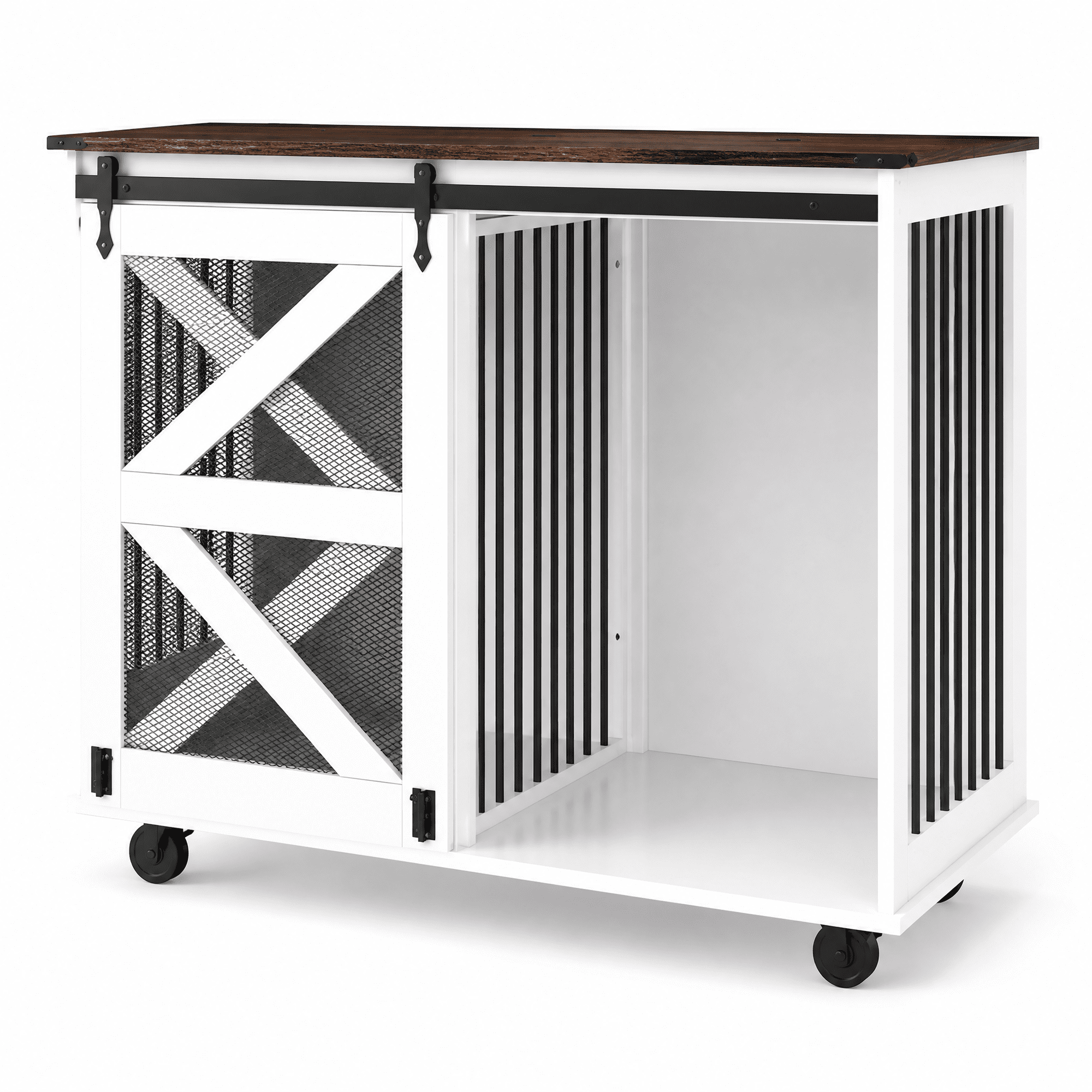 47.2" Mobile Double Dog Crate Furniture, Farmhouse Style Pet Kennel with Flip-Top Feeding Door, Dual Access, 5 Casters, Side Hooks & Removable Divider for Large or Two Small Dogs