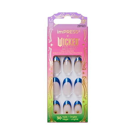 imPRESS X WICKED: FOR GOOD Press On Nails, ‘Wickedly Brave’, Blue, Medium Oval, 30 Fake Nails