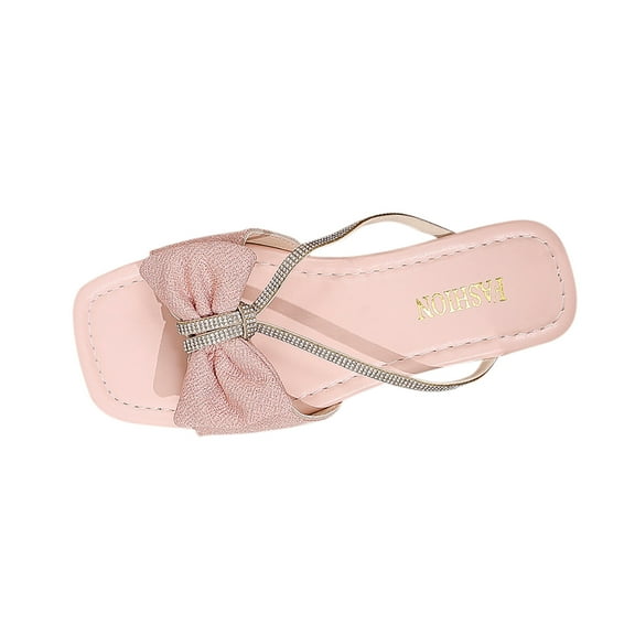 Xfvqtps Slide for Womens Flat Open Square Toe Rhinestone Strappy Bow Non Slip Beach Summer Sandals Pink