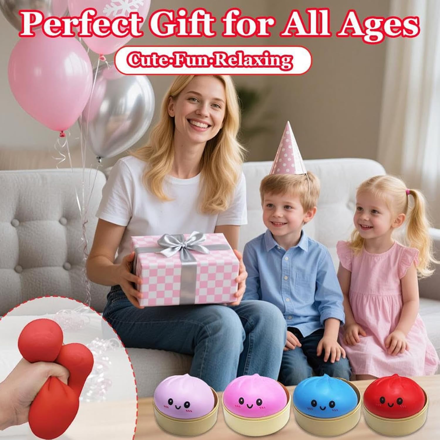 4PC Mystery Dumpling Squishy, 4 Inch Jumbo Dumpling Stress Ball, Squishy Bun, Anxiety Relief Fidget, Soft Squeeze Decompression Dough for Adults Classroom Prizes & Party Favors