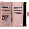 thumbnail image 2 of Wallet Case for iPhone 12 Mini 5.4 inch, Premium PU Leather Magnetic Closure Handbag Zipper Pocket Case Kickstand Card Slots with Hand Strap Shockproof Flip Case - Pink Flower, 2 of 8