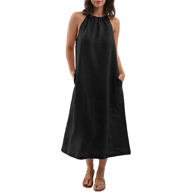 Kaemgyyd Robes à Col Licou pour Femmes Été Sans Manches Robe d'Été Décontractée Plage Vacances Fluide Bohème Mi-Longue avec Poches
