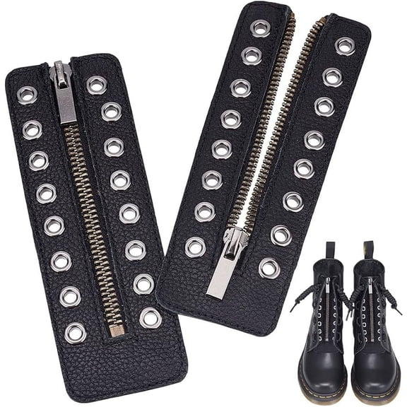 Leather Lace-in Boot Zipper Inserts 6.1 x 2.1 Inch 8 Metal Eyelets Zipper Boot Laces Black No Tie Shoe Laces
