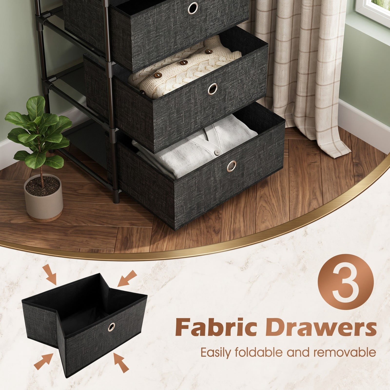 Furnibear 3-Drawer Fabric Storage Tower Dresser with Wood Top Open Shelf and Metal Frame for Bedroom Closet and Office, Black