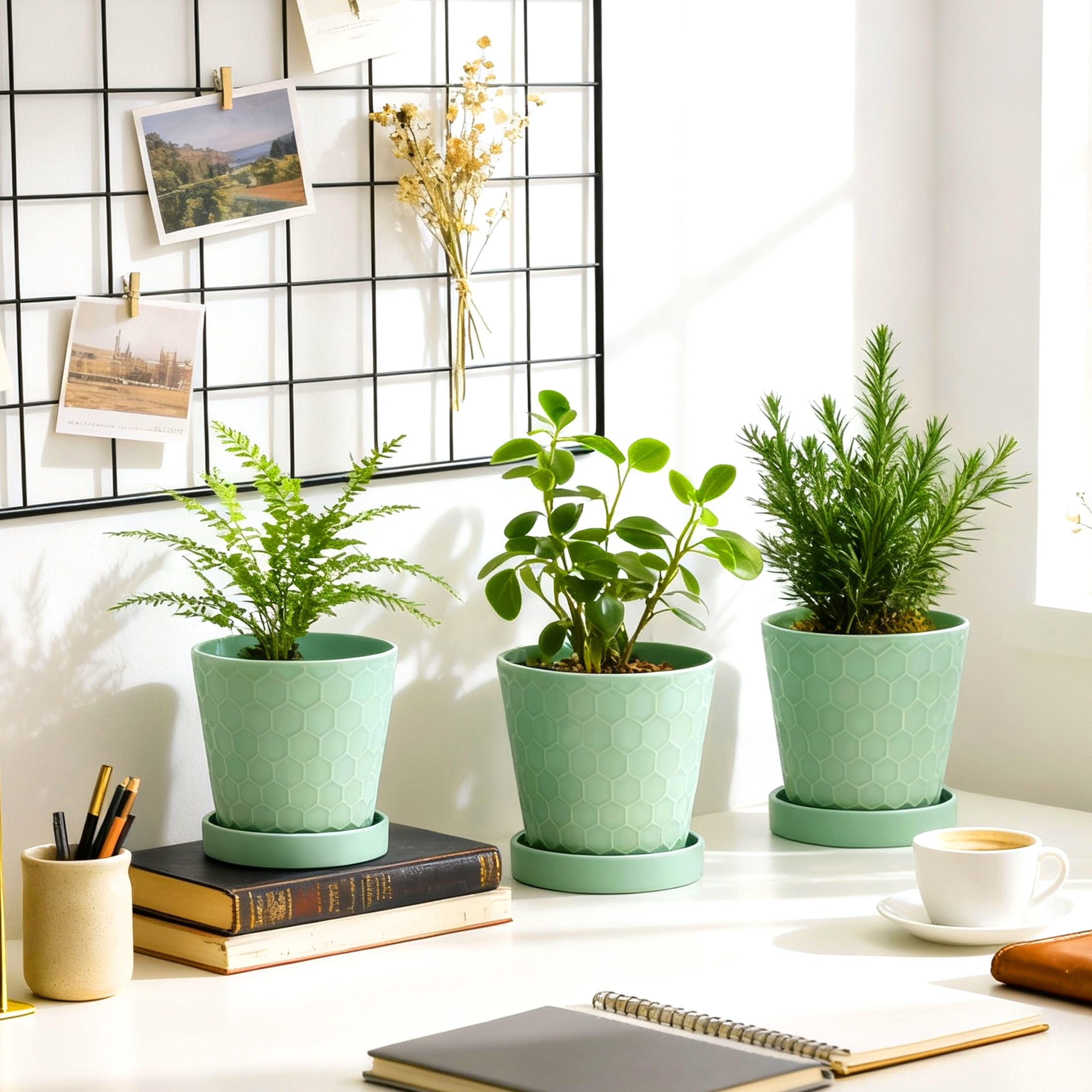 BUYMAX 5" Ceramic plant pots with drainage hole and tray, 4-Pack-1-pattern, gardening home desktop office windowsill decoration， mintgreen flower pots indoor