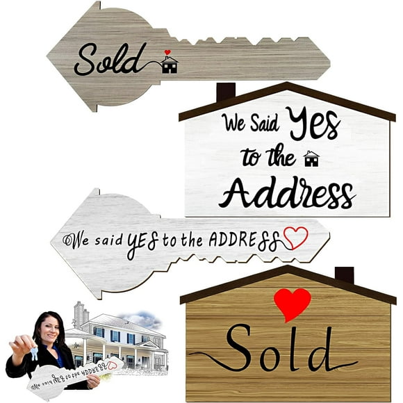 Qunclay 2 Pcs Sold Sign for New Homeowners Wooden Double Sided Real Estate Sold Key Sign Social Media Photo Props, Said Yes to the Address House and Home Sweet Home Key Shaped Wood Closing Gifts