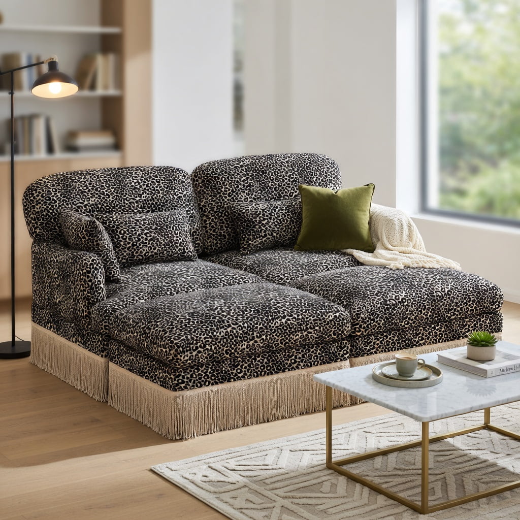 Hommoo Leopard Print Chenille Loveseat Sofa with Movable Ottomans, 2-Seat Modern Modular Couch, Tassel Trim & Ergonomic Deep Seat Design, Living Room Sofa, khaki