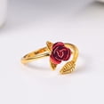 thumbnail image 3 of Anillo de flor rosa chapado en oro con forma de hoja de flor roja, anillo envolvente con extremo abierto para mujeres y niñas, dorado ER, 3 of 5