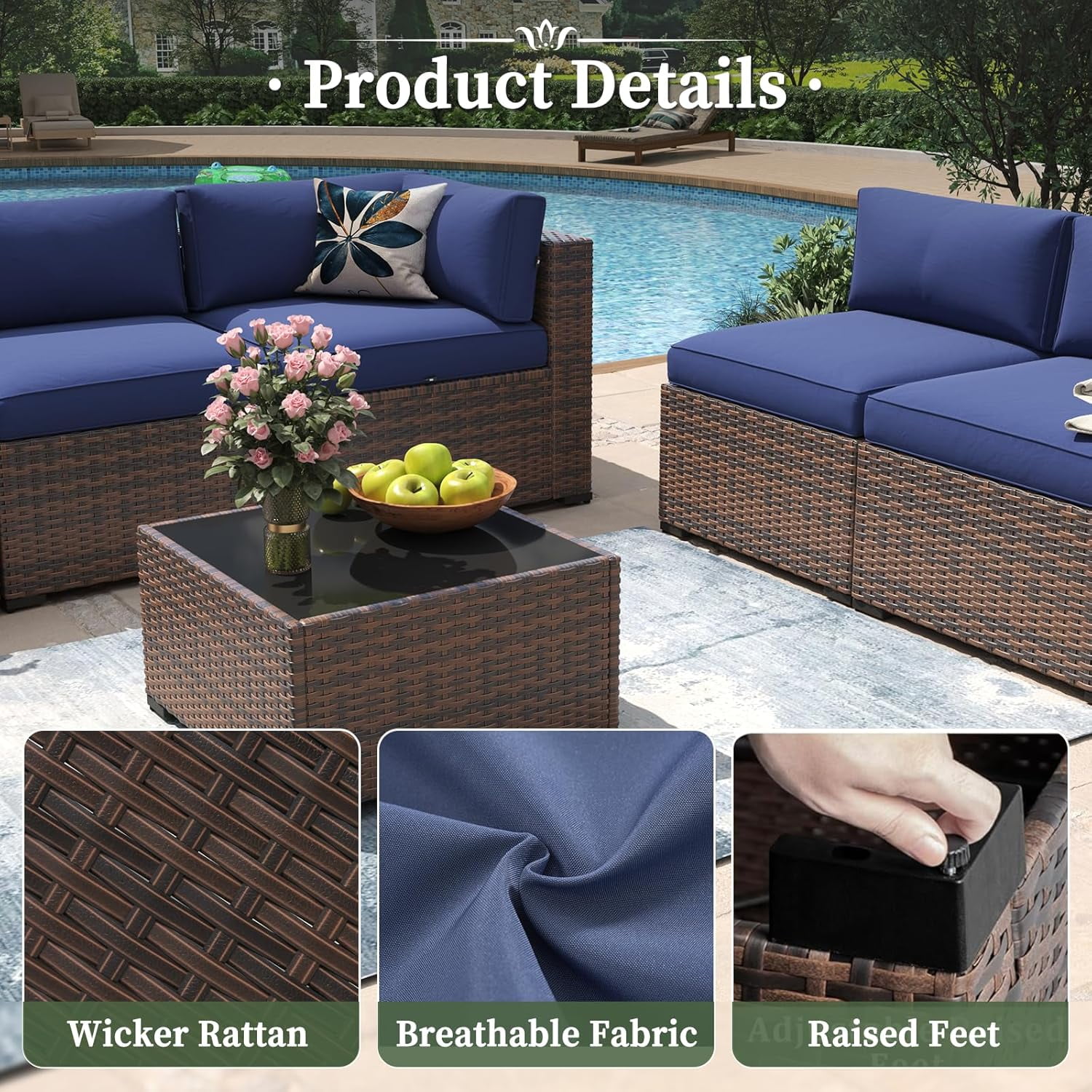 Aoxun 12 Piece Patio Furniture Set with 44” Fire Pit Table Wicker Rattan Outdoor Sectional Sofa Set with Coffee Table and 4” Thickened Cushions, Blue (Waterproof Cover Included)