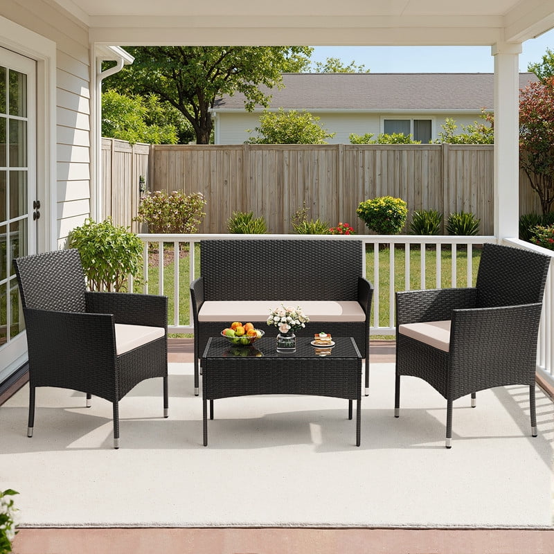 Vineego 4 4PCS Patio Furniture Set Outdoor Conversation Rattan Chairs with Cushion and Loveseat Glass Table for Garden Backyard Porch, Black/ Beige