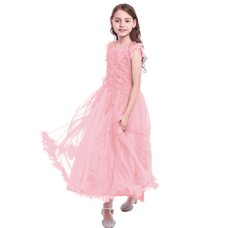 IBTOM CASTLE Flower Little Big Girls Maxi Dress Bridesmaid Wedding Pageant  Party Princess Communion Floral Boho Vintage Lace Dance Gown 5-6 Years Wine  Red 