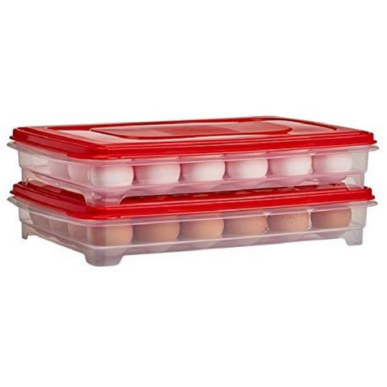Buddeez Egg Keeper Storage Container Tray Holds 24 Jumbo Eggs Plastic Clear  Red, 2-Pack 