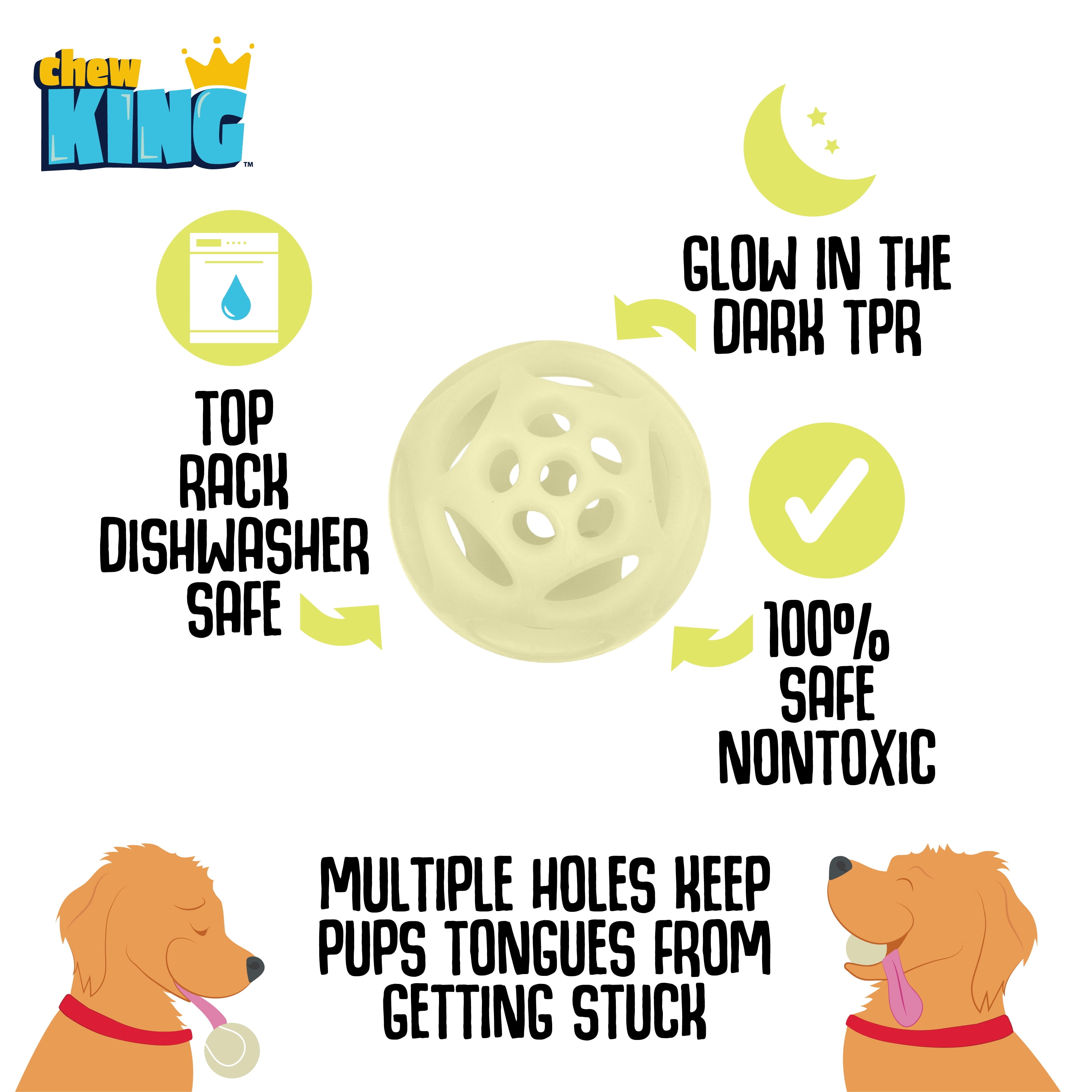 Chew King By Mammoth Glowing Fetch Ball, All-Natural Rubber Lattice Ball Dog Toy, Yellow, Medium, 2 Pack