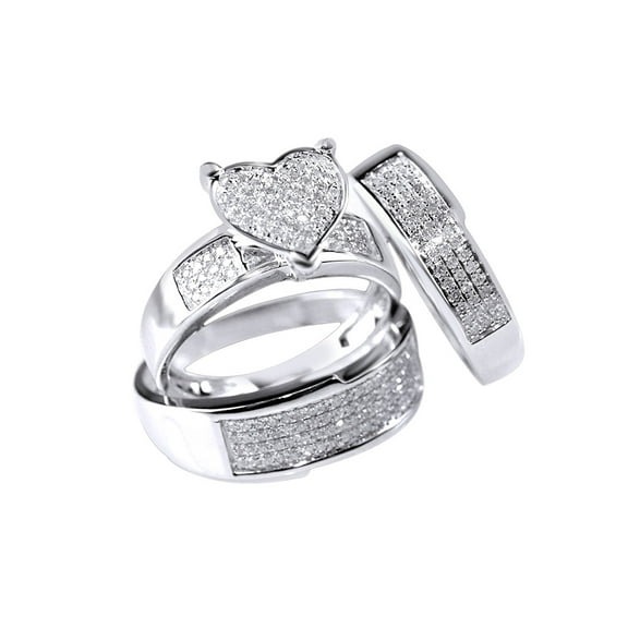 AFFY White Natural Diamond Heart Shape Engagement & Wedding Trio Band Ring Set In 10k White Gold (0.75 Cttw)