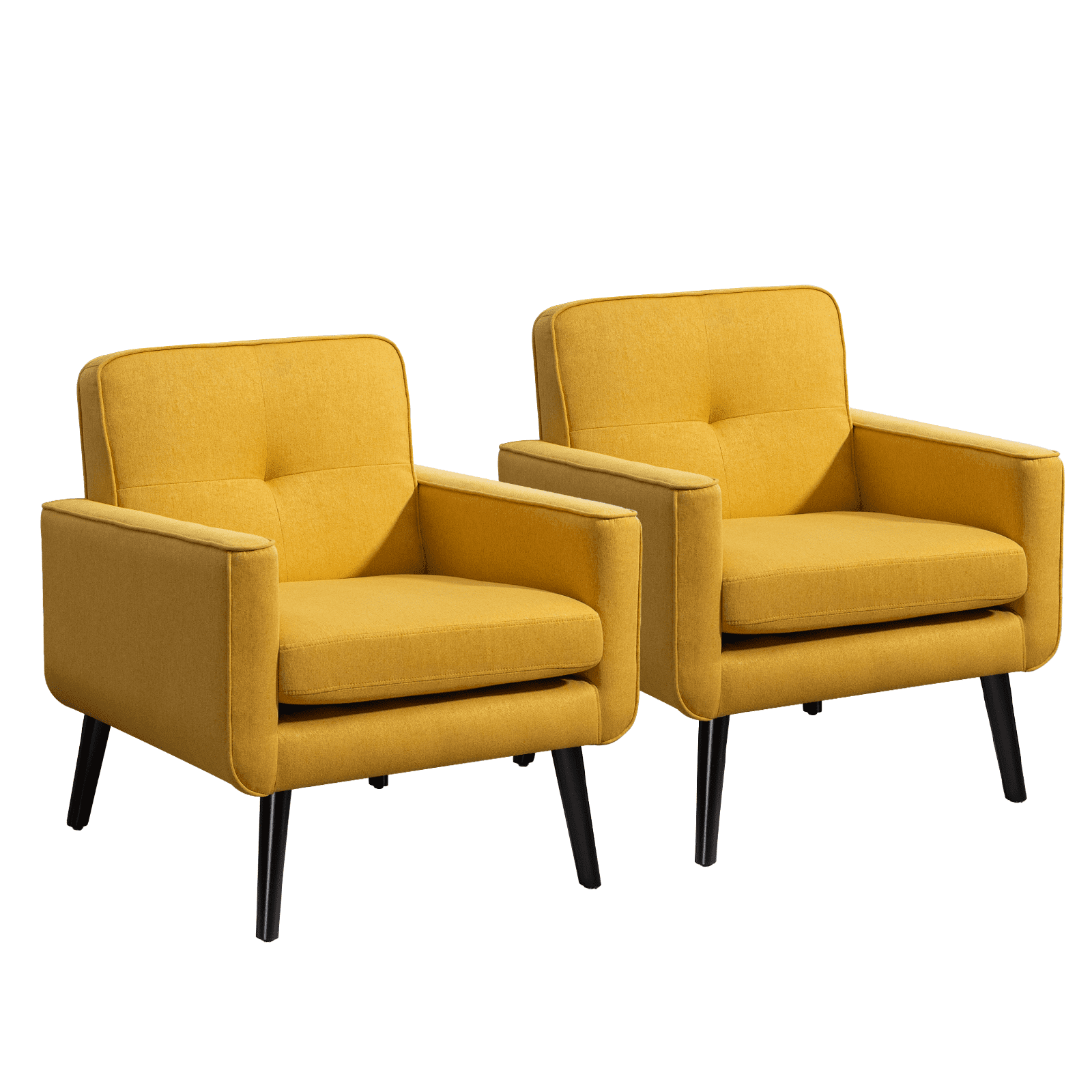 Mid-Century Modern Accent Chairs Set of 2 Upholstered Fabric Armchairs with Button Tufted Back and Solid Wood Legs, Cozy Side Chairs for Living Room, Bedroom, Office, or Cafe (Yellow)