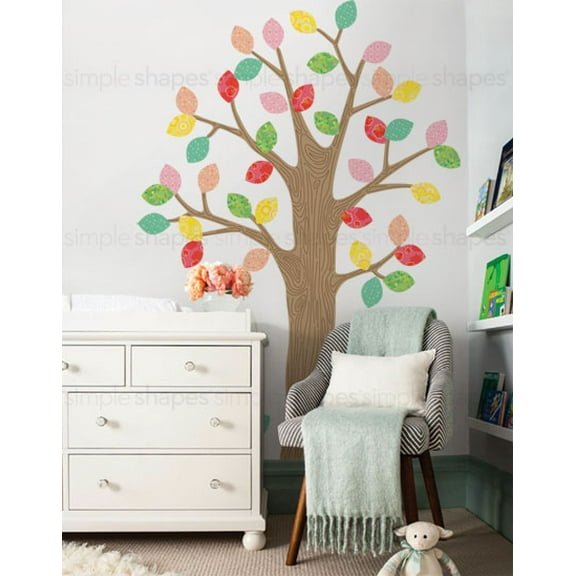 Pattern Tree with Leaves Vinyl Wall Sticker - Spring with Latte Brown