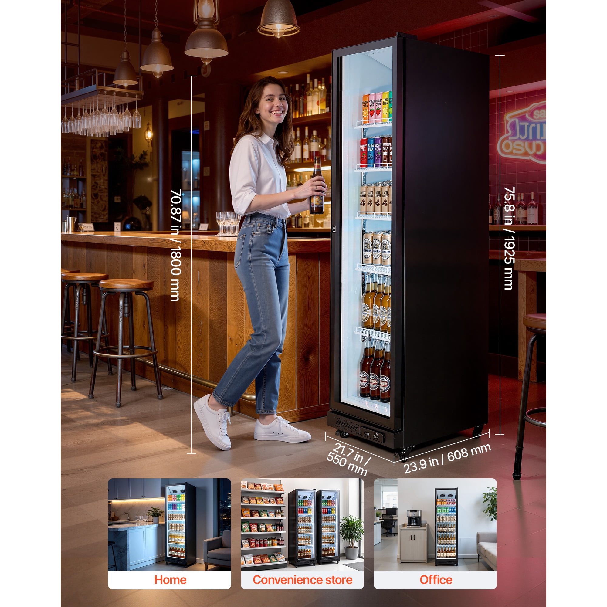 KFFKFF Commercial Merchandiser Refrigerator, 12.4 Cu.Ft / 350 L Upright Beverage Cooler with Glass Door, Adjustable Shelves, LED Lighting, and Casters for Home, Shop, or Bar Use